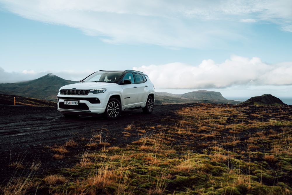 Rental car on a mountain road in iceland. 