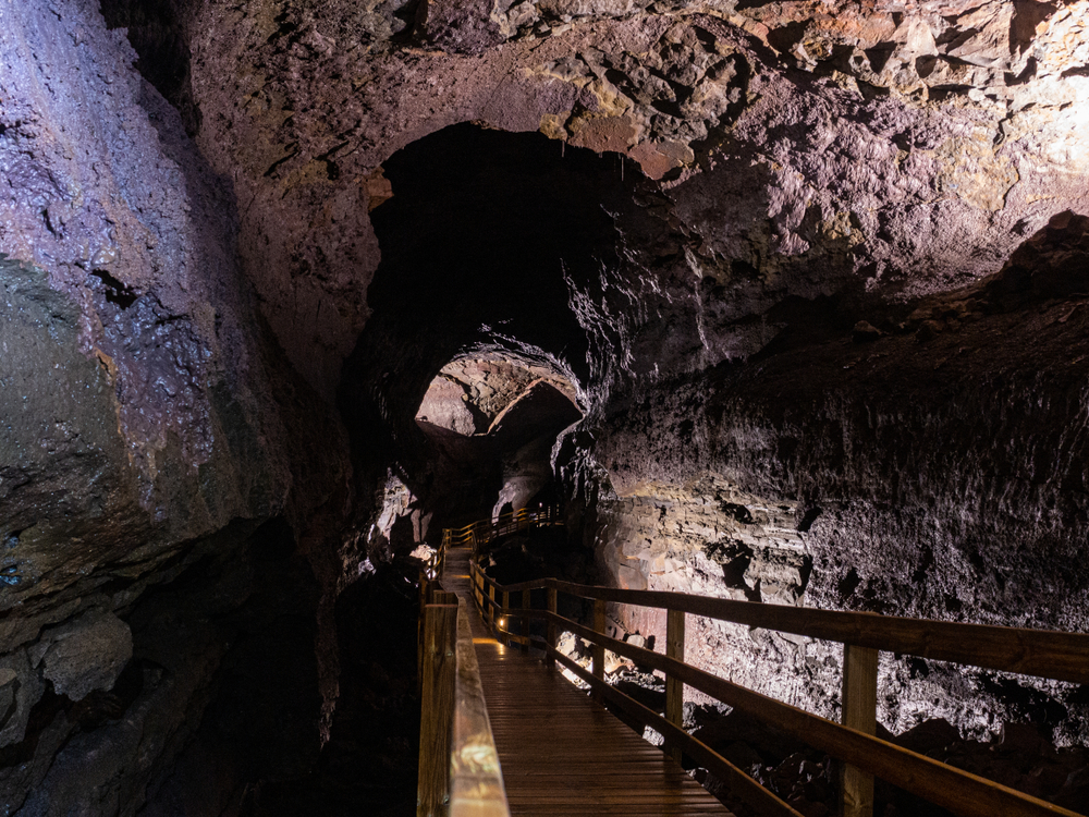Wooden walk path in Víðgelmir the biggest cave in Iceland.