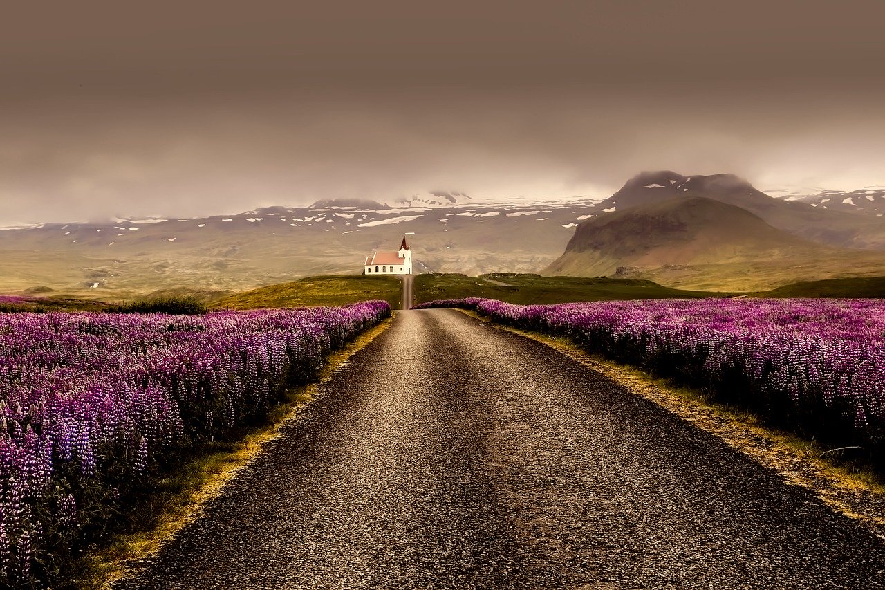 Road that leads to a church in Vík Iceland