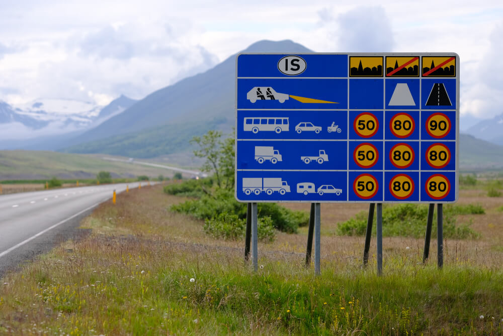 Road sign with speed limits in Iceland.