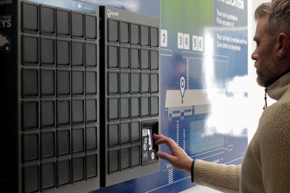 Keybox at blue car rental office airport.