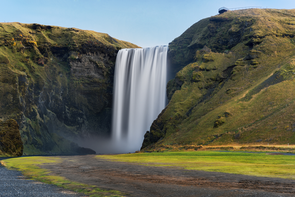 Skogafoss waterfall in Iceland in summer.