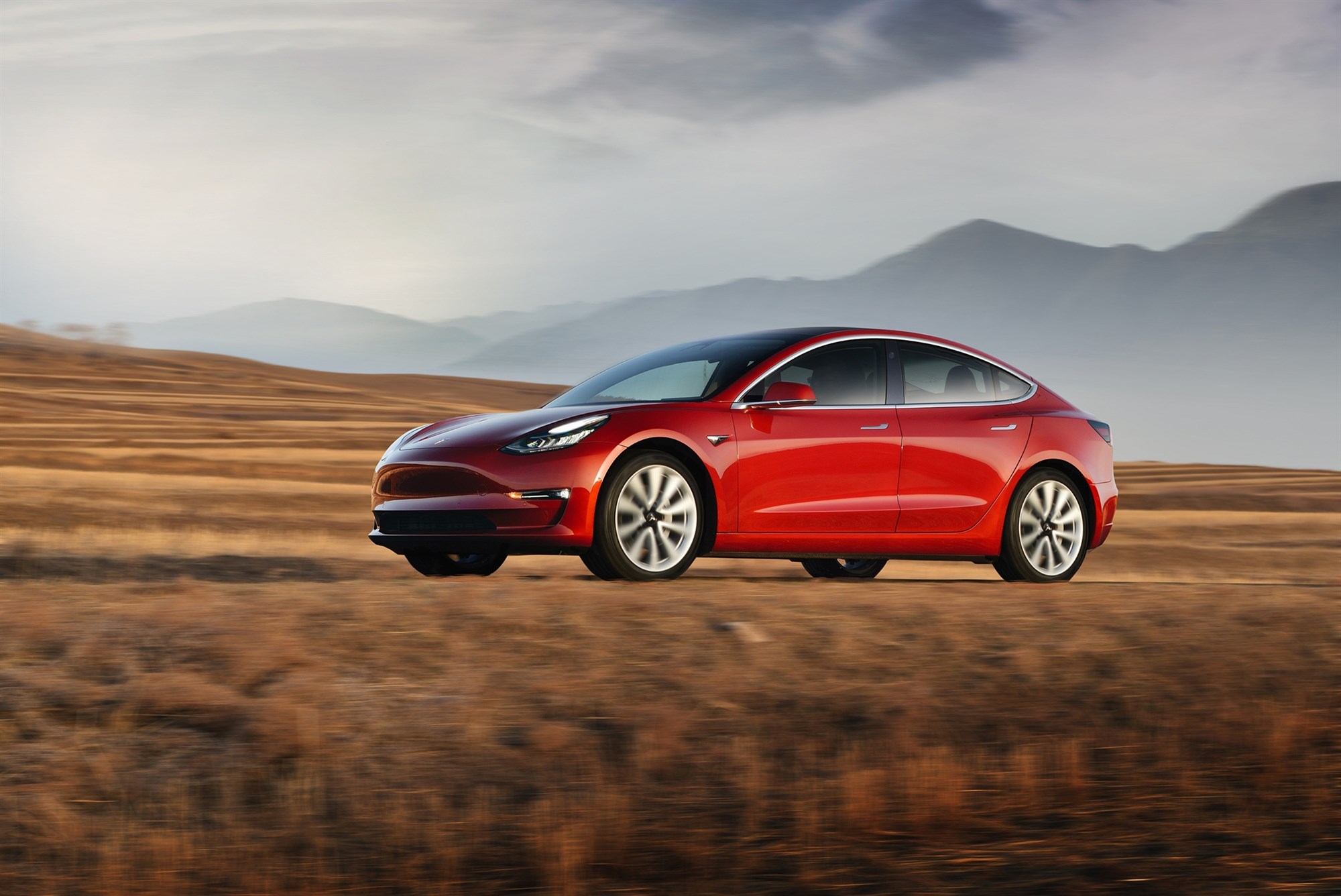 Tesla EV on the road in Iceland.