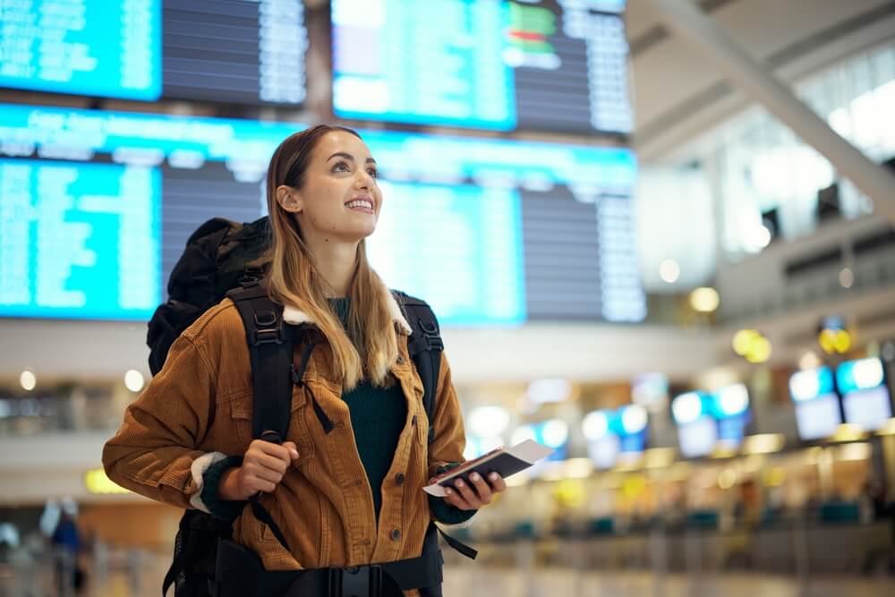 Women going through the terminal at Keflavik airport in Iceland.