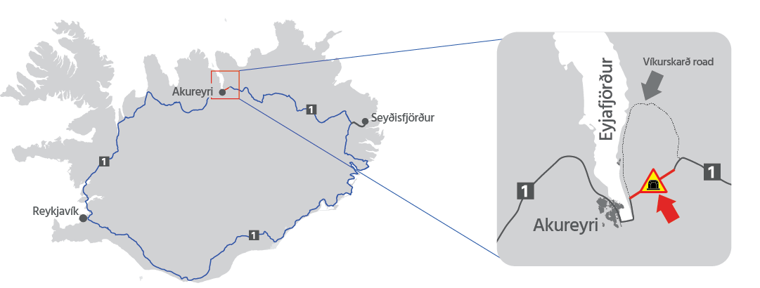 Grey map of Iceland with ring road and direction to tunnel in Akureyri.